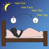 Grafik Mann in Bett mit Mond und zwei Uhren, Endokrinologie der Uniklinik Rostock