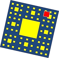Grafik blaues viereck mit gelben Quadraten und einem roten Quadrat